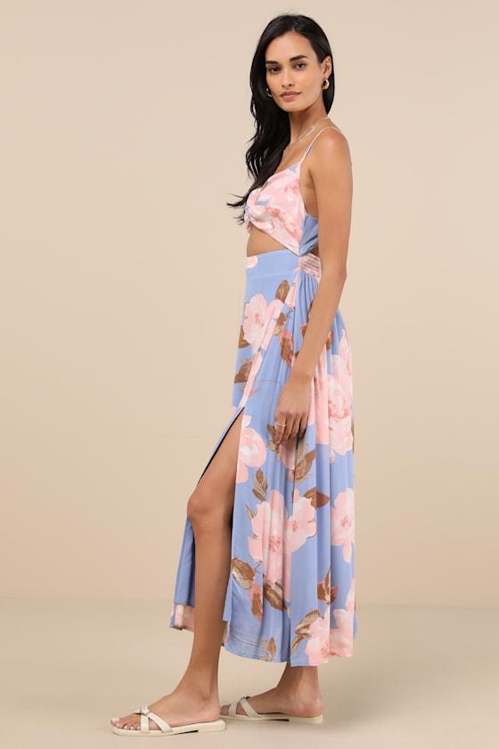 Tropical Blooms Light Blue Floral Print Tie-Back Cutout Dress Product Image