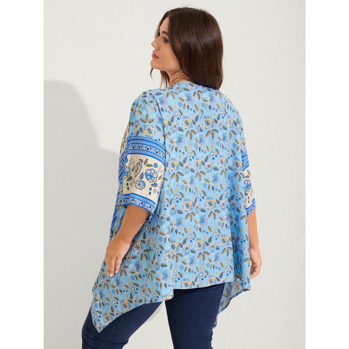 Plus Size Floral Color Block Breezy Kimono Women LightBlue Asymmetrical Loose Vacation Kimonos BloomChic 26/4X Product Image