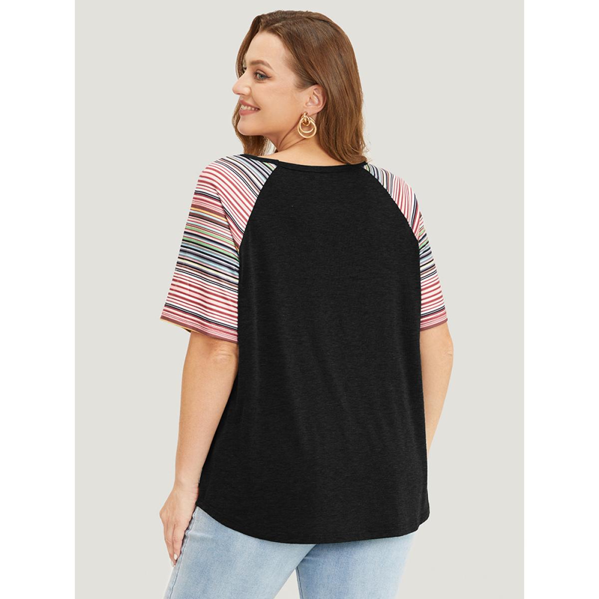 Plus Size Supersoft Essentials Striped Contrast Raglan Sleeve Curved Hem T-shirt Black Women Casual Contrast Plain Round Neck Everyday T-shirts BloomChic 18-20/2X Product Image