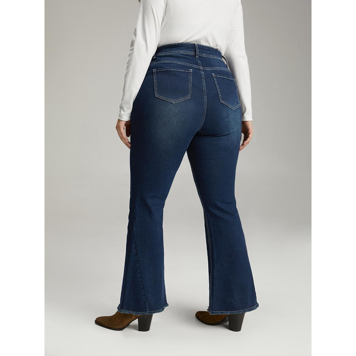 Plus Size High Rise Flare Jeans With Frayed Hem Women DarkBlue Casual Plain Plain High stretch Pocket Jeans BloomChic 30/6X Product Image