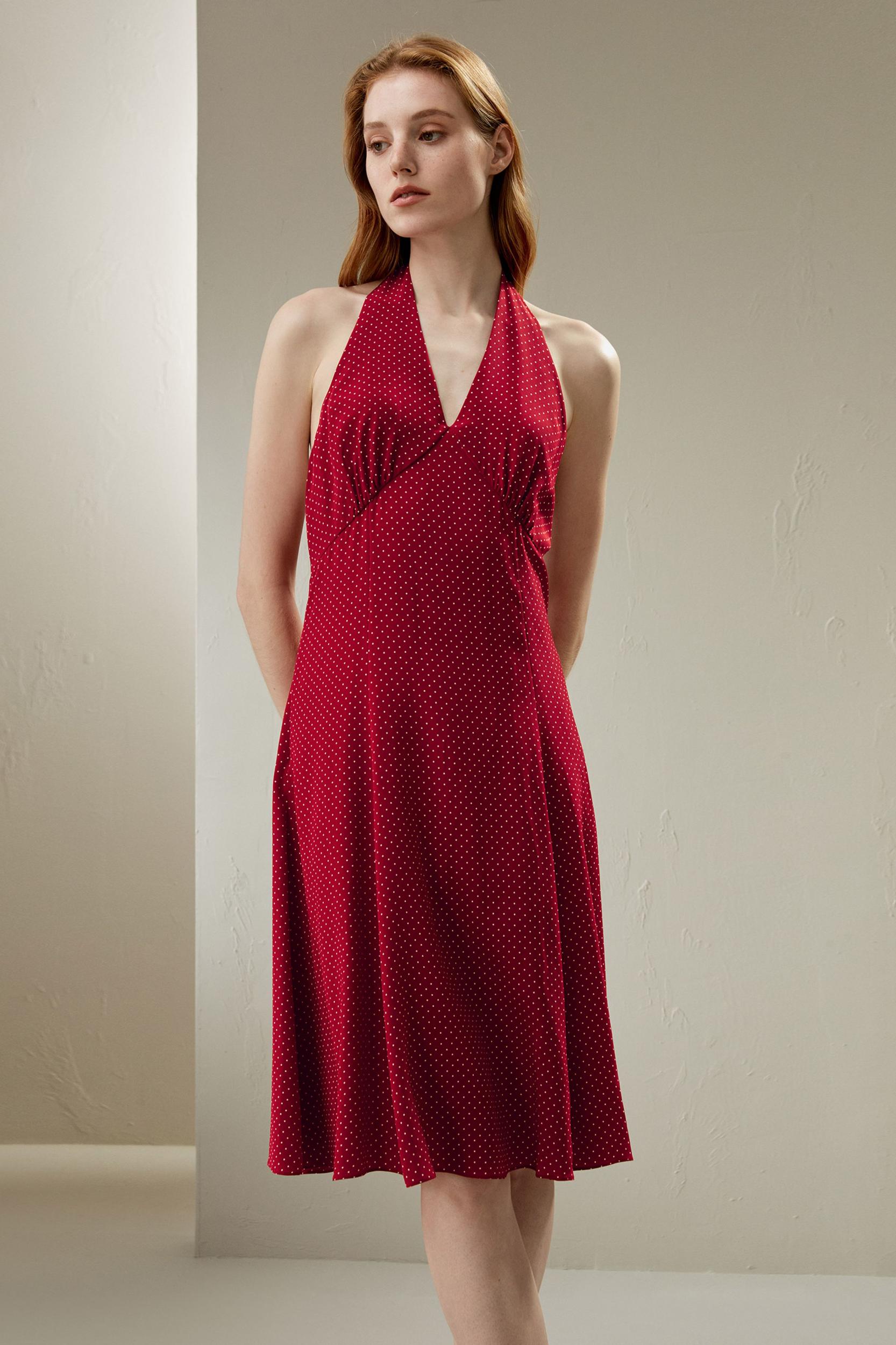 Polka Dot Halter Neck Silk Dress Product Image