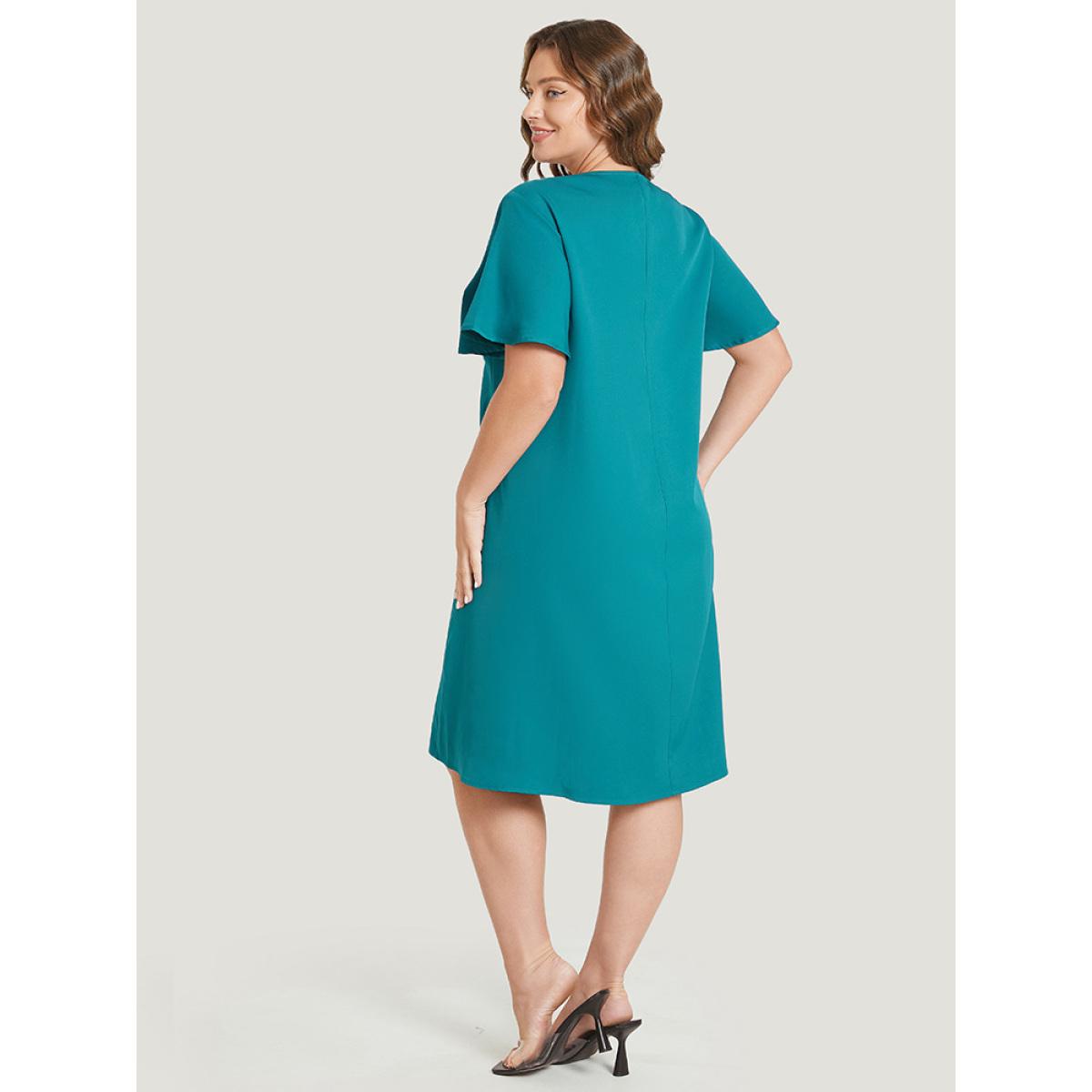 Plus Size Solid Ruffle Sleeve Half Zipper Pocket Dress Aegean Women Elegant Plain V-neck Short sleeve Curvy Knee Dress BloomChic 18-20/2X Product Image