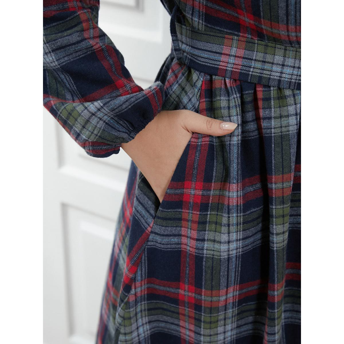 Plus Size Plaid Button Detail Pocket Belted Arc Hem Dress Multicolor Women Leisure Pocket Shirt collar Long Sleeve Curvy Midi Dress BloomChic 26/4X Product Image