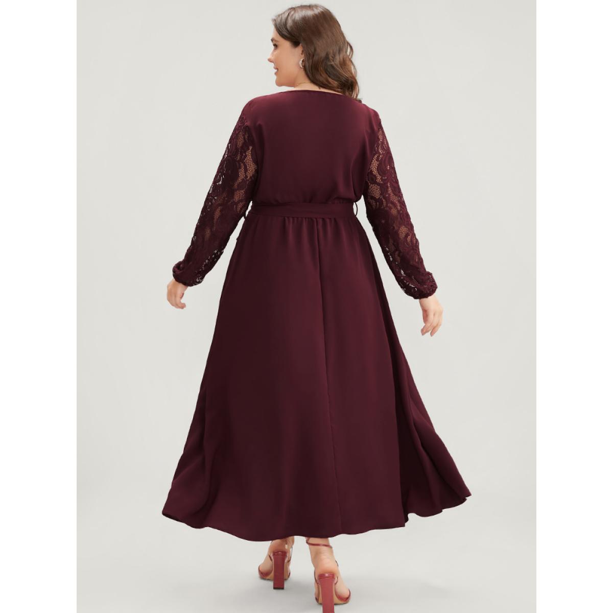 Plus Size Solid Wrap Pocket Lantern Sleeve Lace Belted Maxi Dress Burgundy Women Elegant V-neck Long Sleeve Curvy Long Dress BloomChic 28/5X Product Image