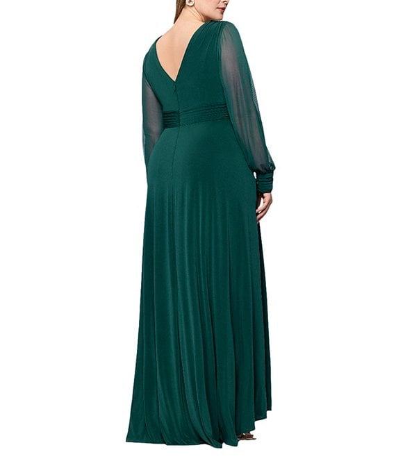 Betsy & Adam Plus Size Chiffon Mesh V-Neck Long Sleeve Gown Product Image