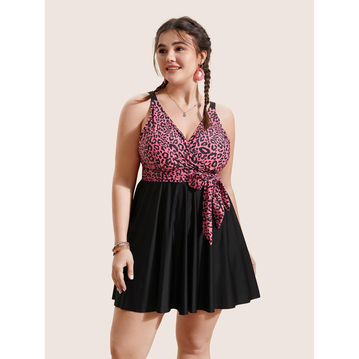 Plus Size Leopard Print Patchwork Tie Knot Swim Dress Women's Swimwear Leopard Beach Bodycon Overlap Collar High stretch Curve Swim Dresses BloomChic 14-16/1X Product Image