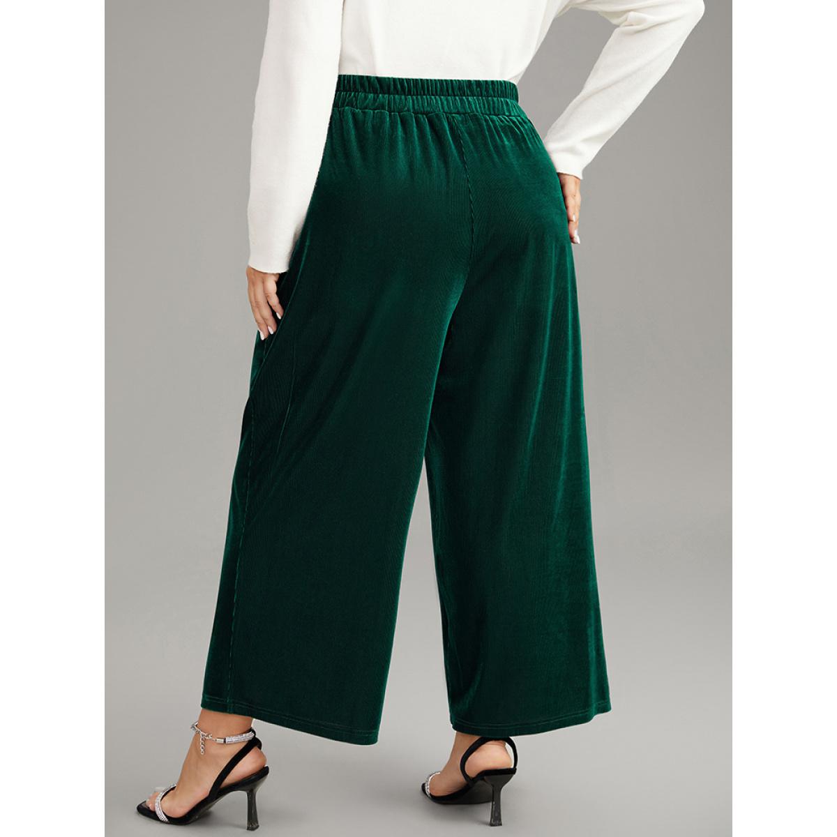 Plus Size Solid Textured Velvet Elastic Waist Gathered Pants Women DarkGreen Glamour Wide Leg High Rise Going out Pants BloomChic 12/L Product Image