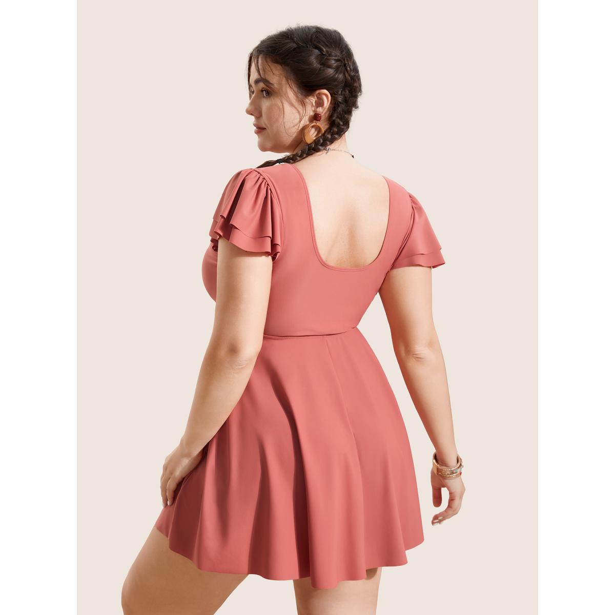 Plus Size Solid Gathered Tiered Ruffle Sleeve Swim Dress Women's Swimwear Rust Beach Bodycon V-neck High stretch Curve Swim Dresses BloomChic 14-16/1X Product Image