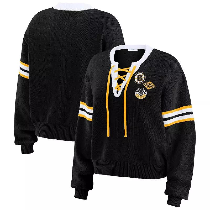 Women's WEAR by Erin Andrews Black Boston Bruins Cropped Lace-Up Sweater,  Product Image