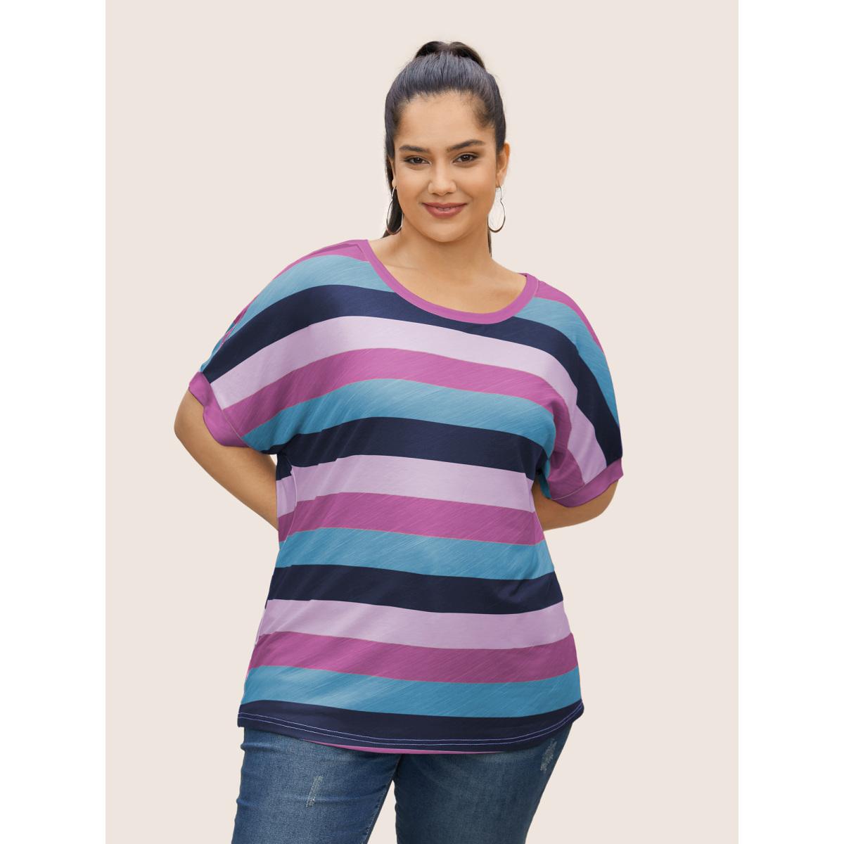Plus Size Colored Striped Crew Neck Batwing Sleeve T-shirt Lilac Women Casual Contrast Round Neck Everyday T-shirts BloomChic 18-20/2X Product Image