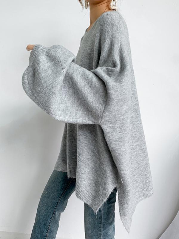 Stretch Mohair-Blend Balloon Sleeves Loose Solid Round-Neck Sweater Tops Product Image