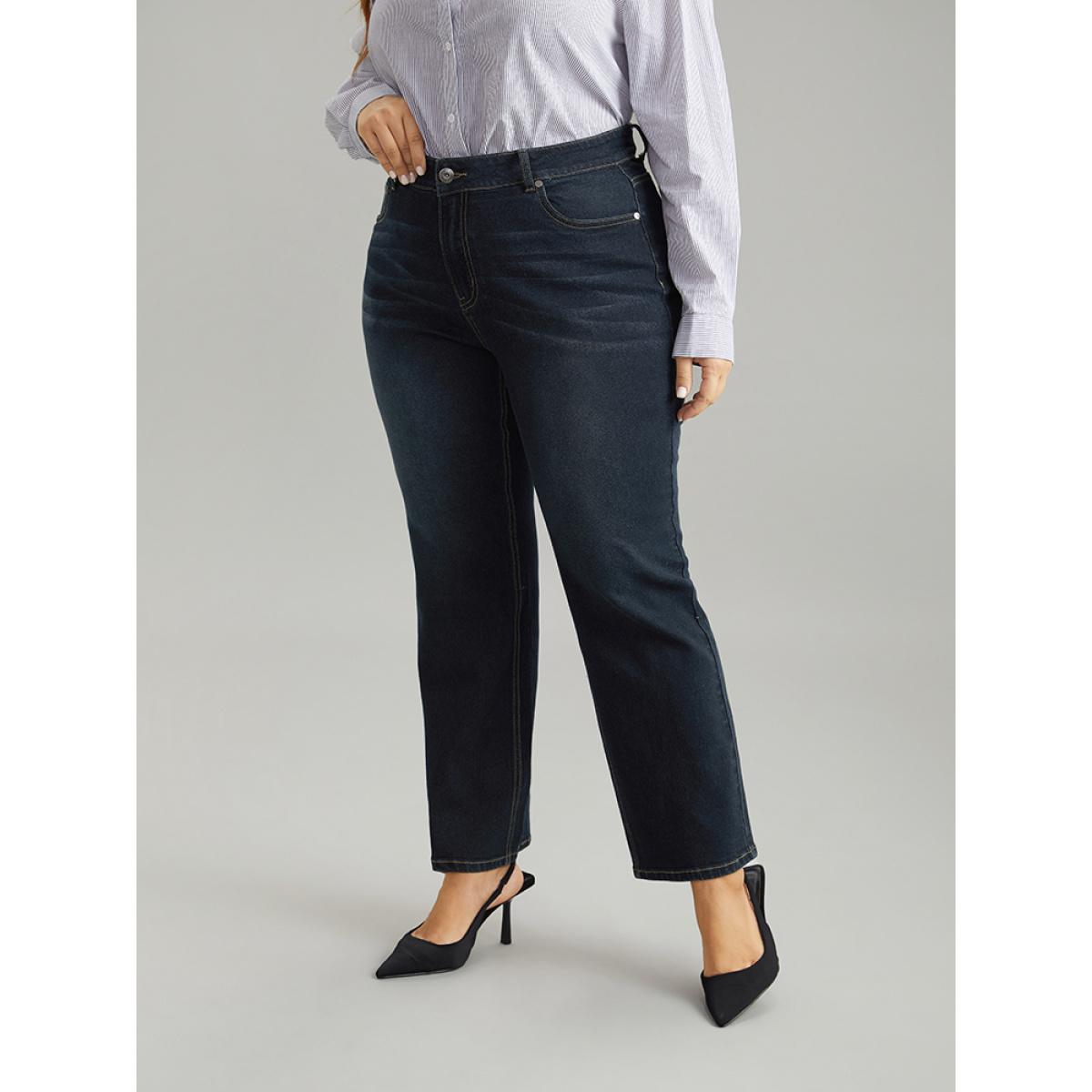 Plus Size Dark Wash Zipper Fly Straight Leg Jeans Women Midnight Casual Plain Plain High stretch Pocket Jeans BloomChic 12/L Product Image