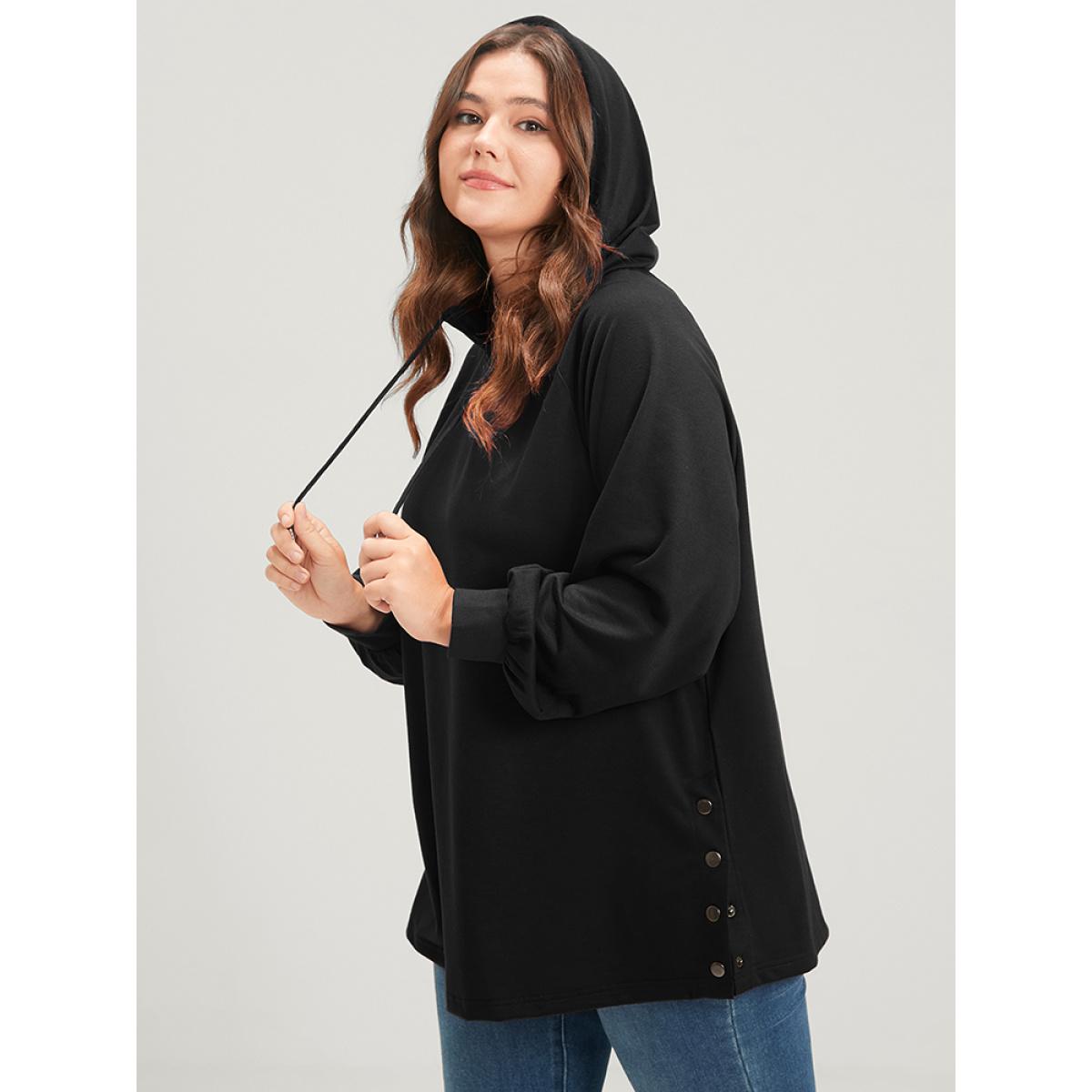 Plus Size Solid Button Side Drop Shoulder Hooded Sweatshirt Women Black Casual Button Hooded Dailywear Sweatshirts BloomChic 12/L Product Image