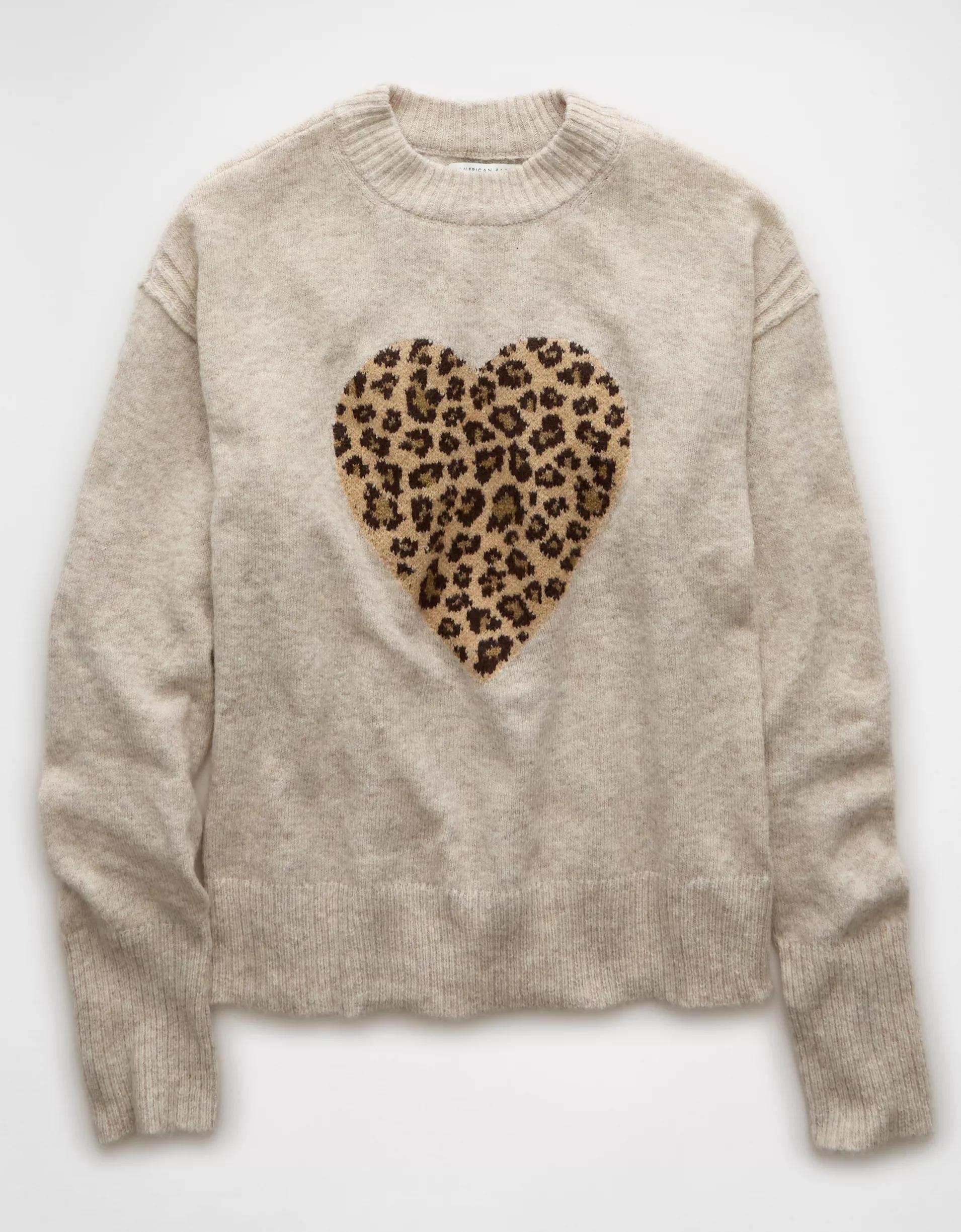 AE Whoa So Soft Leopard Heart Crew Neck Sweater Product Image