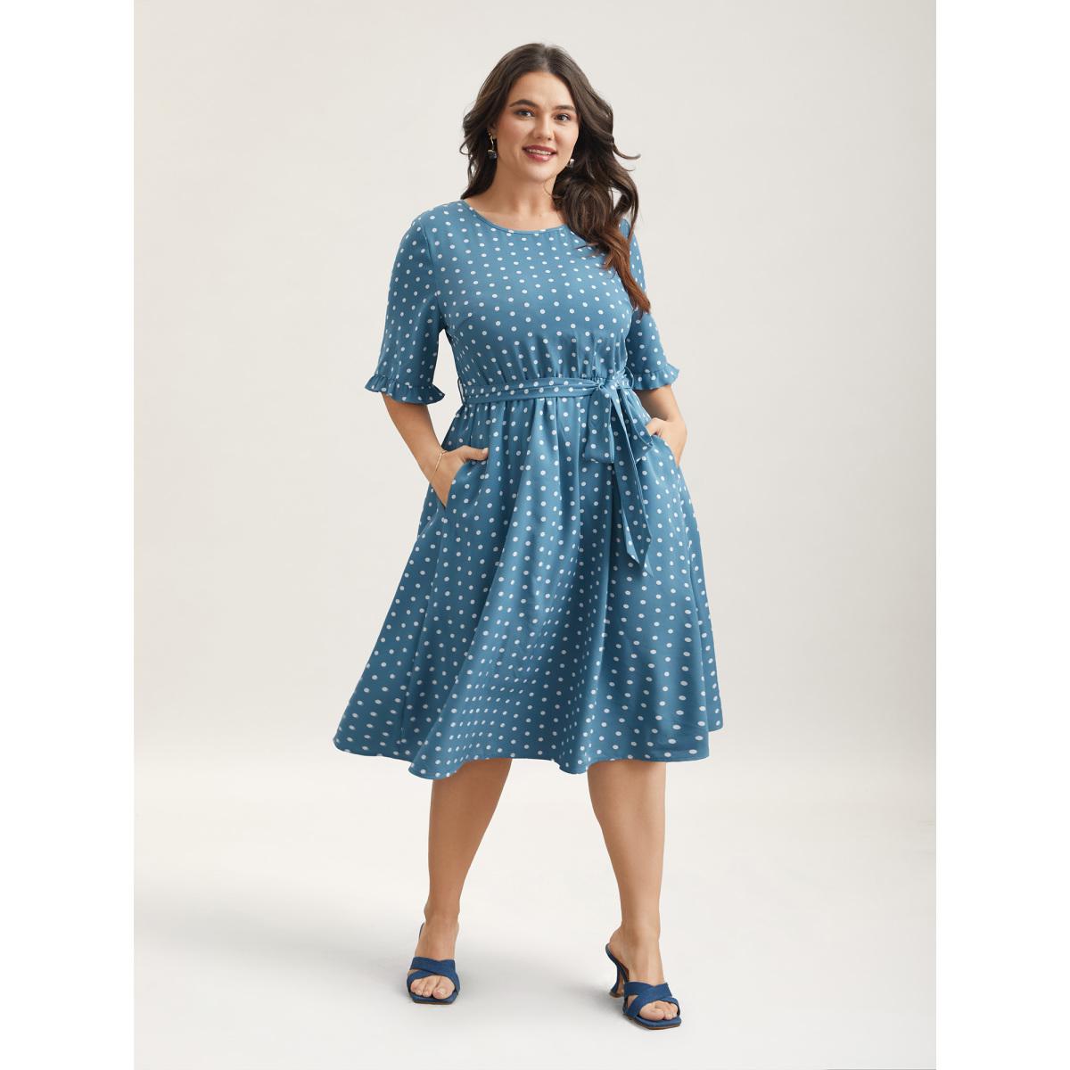 Plus Size Polka Dot Print Belted Stretchy Midi Dress Cerulean Women Elegant Belted Round Neck Half Sleeve Curvy BloomChic 28/5X Product Image