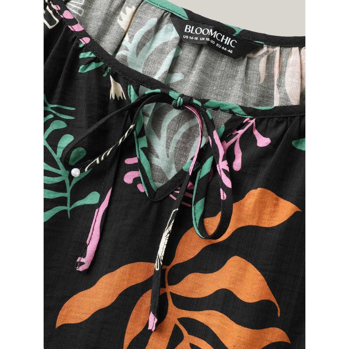 Plus Size Black Multi-Color Leaf Print Tassels Blouse Women Elbow-length sleeve Notched collar Vacation Blouses BloomChic 30/6X Product Image