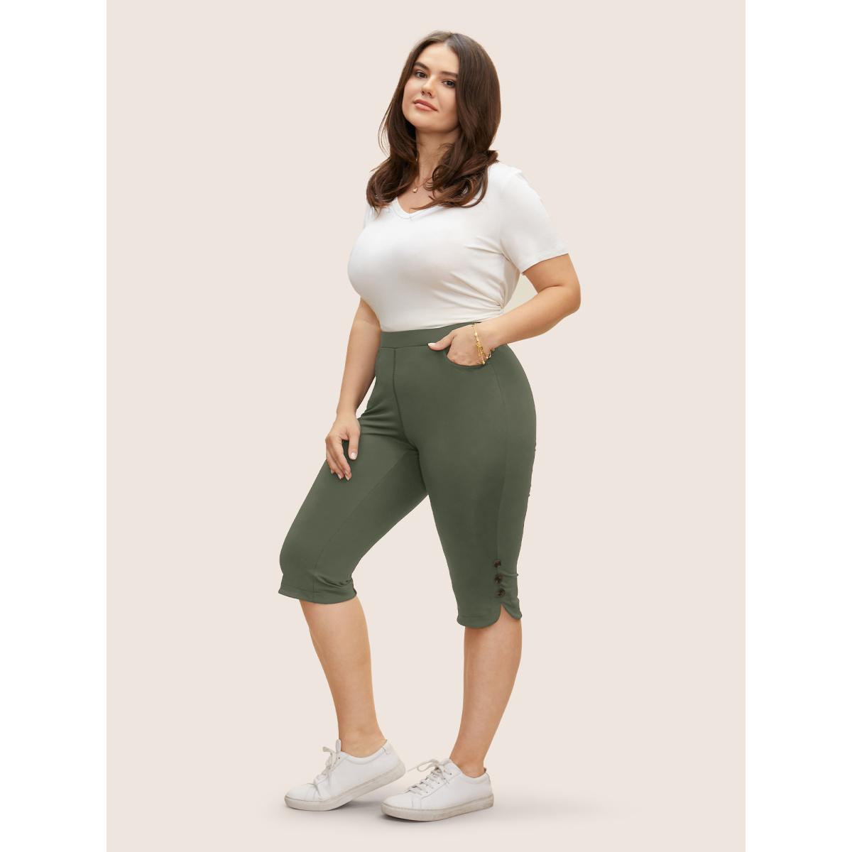 Plus Size Medium Stretch Button Detail Split Side Leggings Women ArmyGreen Casual Medium stretch Skinny Mid Rise Everyday Leggings BloomChic 10/M Product Image