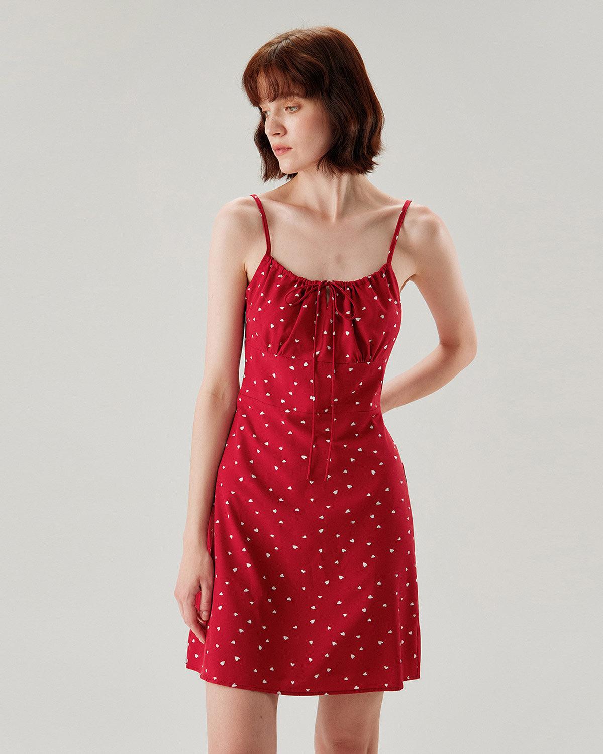 Red Heart Pattern Sweetheart Neck Slip Mini Dress Product Image