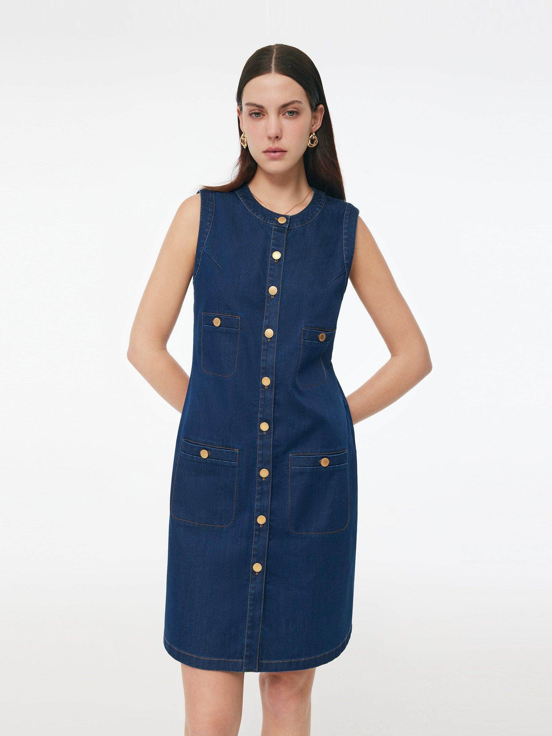 Denim Stretch Front Button Women Mini Dress Product Image