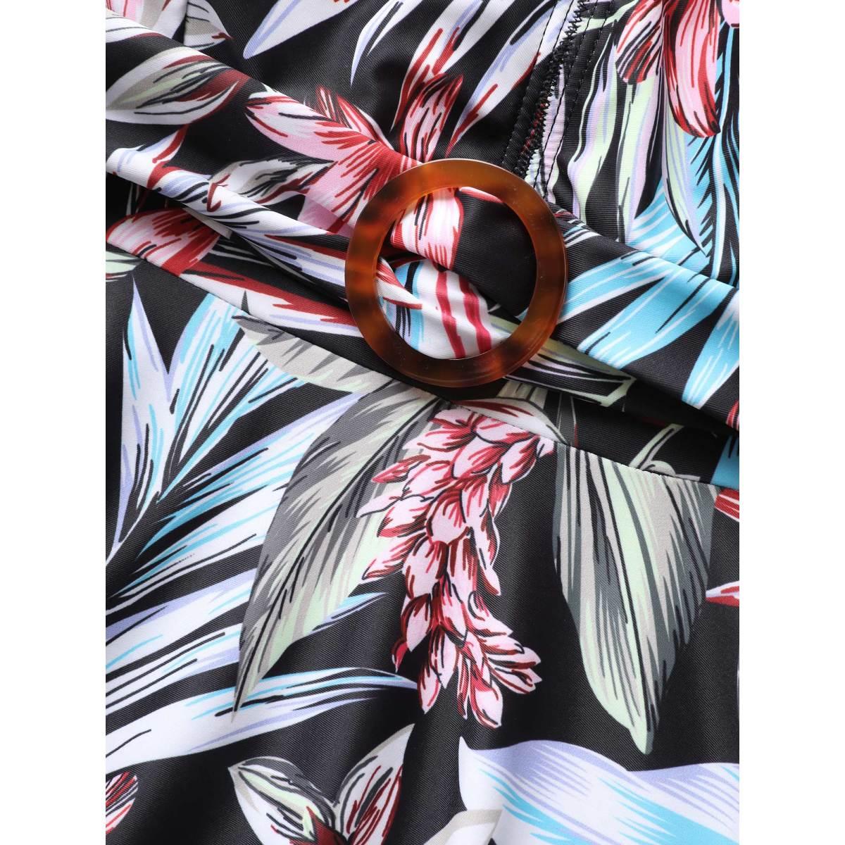Plus Size Tropical Print Buckle Detail Swim Dress Women's Swimwear BlackFlower Beach Bodycon V-neck High stretch Curve Swim Dresses BloomChic 10/M Product Image