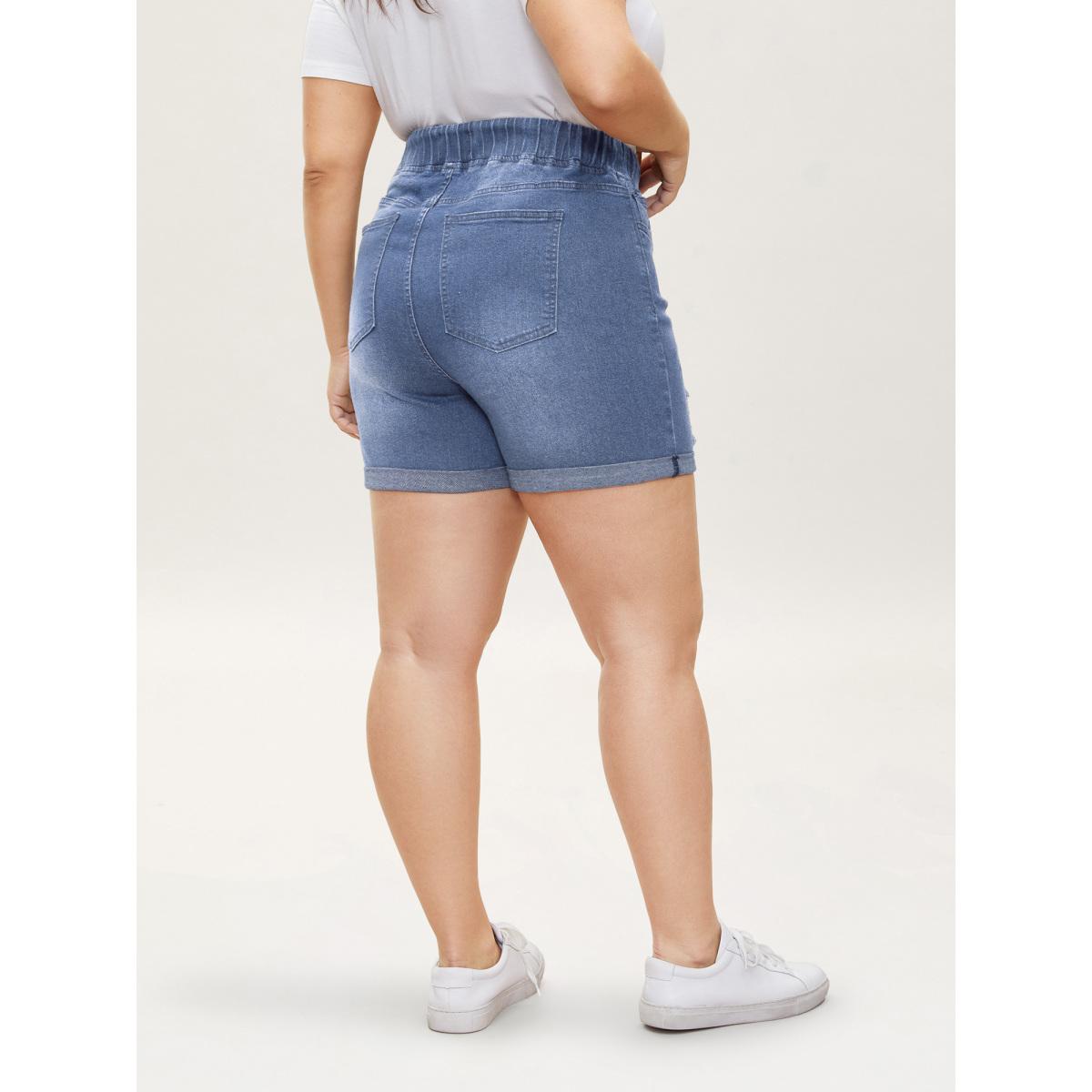Plus Size Distressed Drawstring Roll Hem Denim Shorts Women LightBlue Drawstring High stretch Casual Slanted pocket Leisure Denim Shorts BloomChic 16/1X Product Image