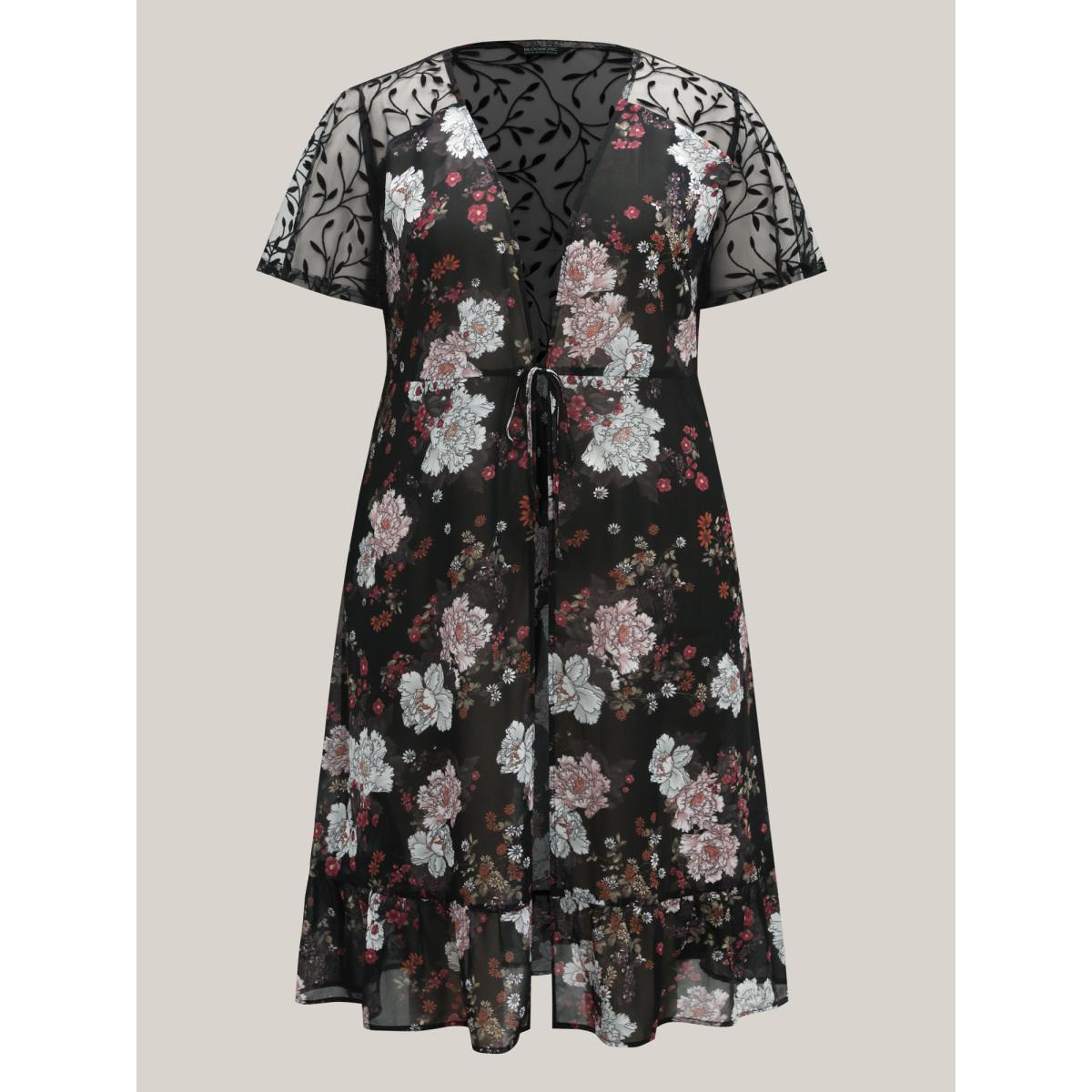 Plus Size Chiffon Floral Front Mid Tie Kimono Women Black Tie knot Bodycon Everyday-Elegant Kimonos BloomChic 18-20/2X Product Image