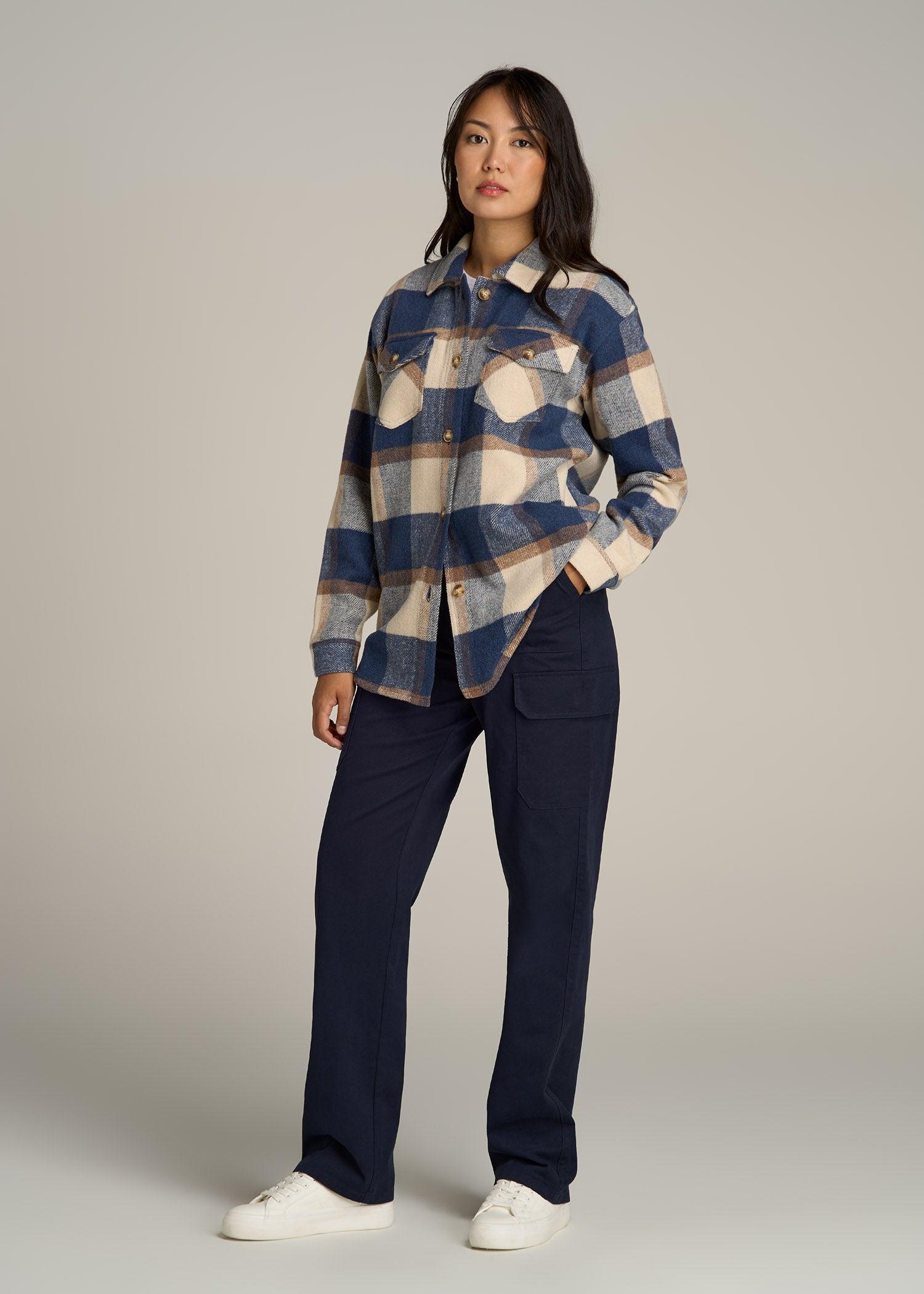 Flannel Shacket for Tall Women in Cream and Denim Blue Plaid Female Product Image