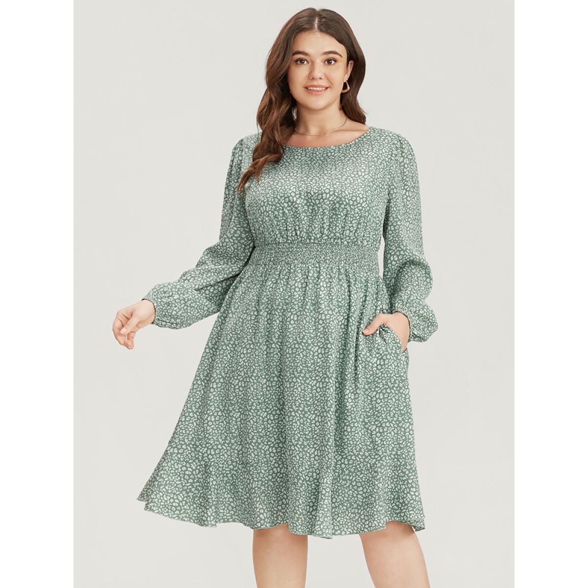 Plus Size Leopard Print Lantern Sleeve Shirred Pocket Flutter Knee Dress Green Women Elegant Elastic Waist Round Neck Long Sleeve Curvy Knee Dress BloomChic 26/4X Product Image