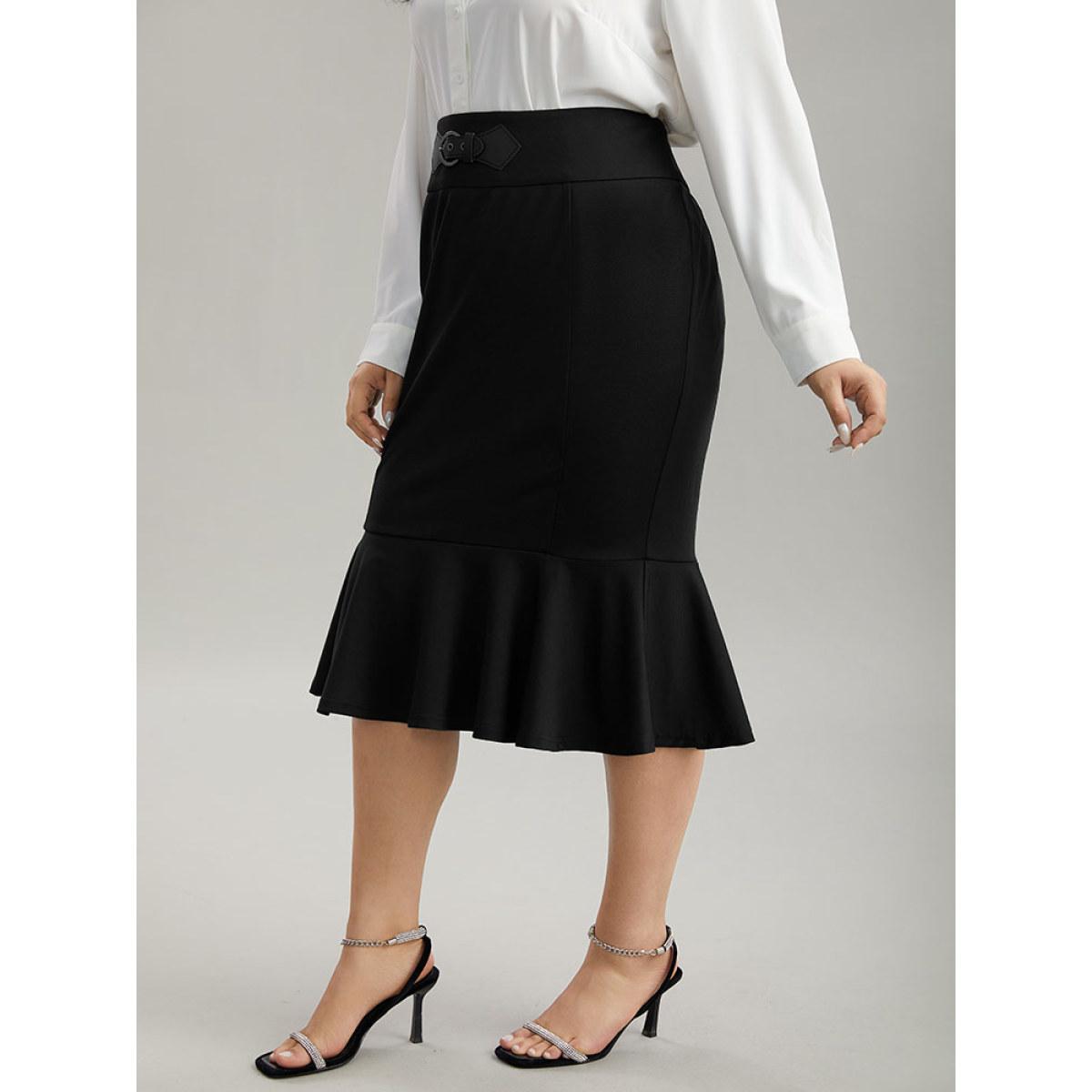 Plus Size Plain Ruffles Buckle Detail Mermaid Hem Skirt Women Black Office Style accents Bodycon Medium stretch Work Skirts BloomChic 26/4X Product Image