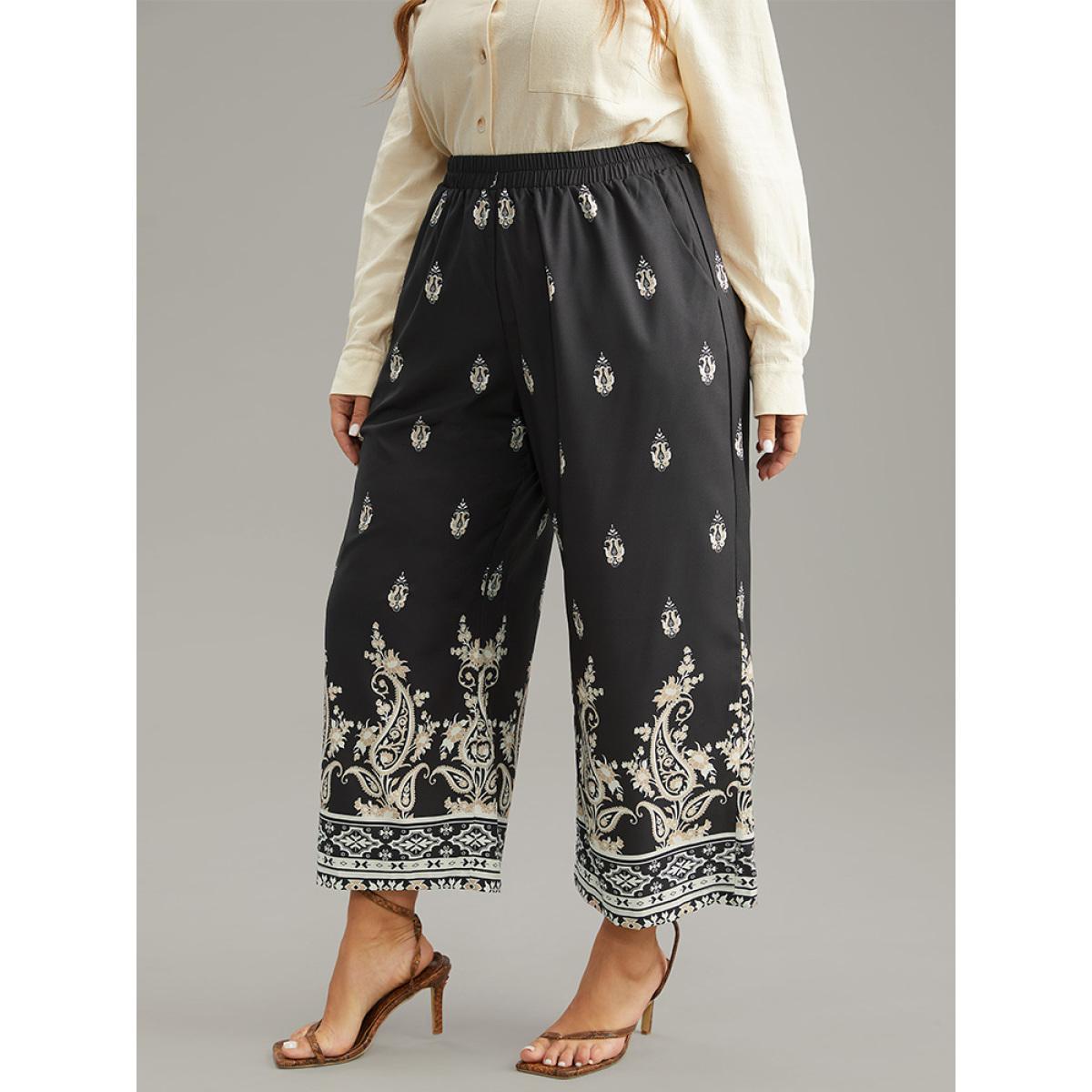 Plus Size Paisley High Rise Elastic Waist Pants Women Black Resort Wide Leg High Rise Vacation Pants BloomChic 30/6X Product Image