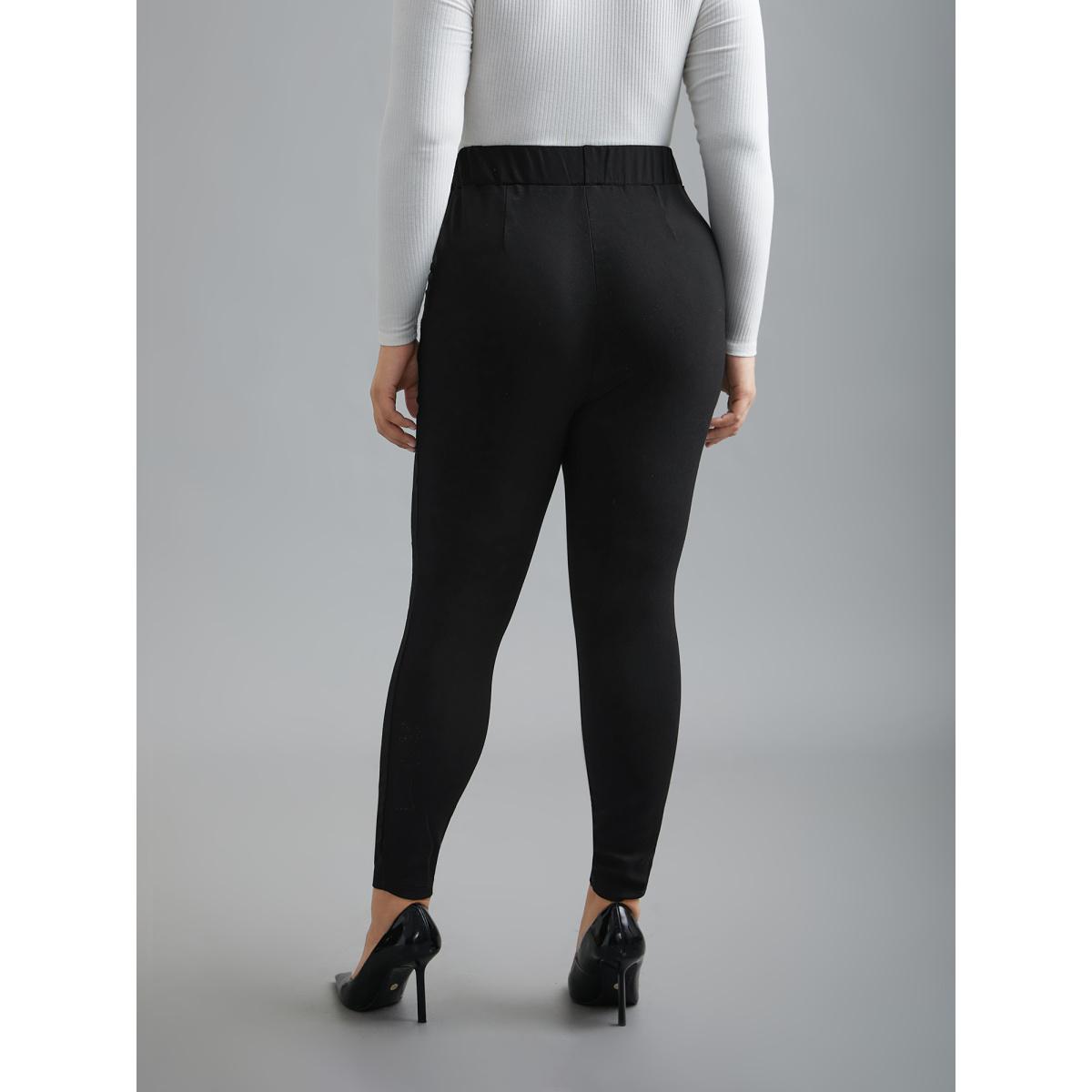 Plus Size Plain Button Detail Skinny Fit Pants Women Black Elegant Skinny Mid Rise Everyday Pants BloomChic 22-24/3X Product Image