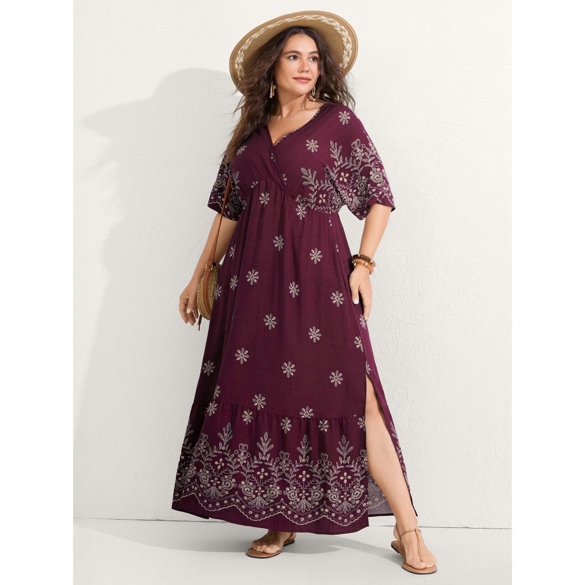 Plus Size Surplice Neck Split Side Pockets Midi Dress Midnight Women Boho Overlapping Overlap Collar Half Sleeve Curvy BloomChic 18-20/2X Product Image