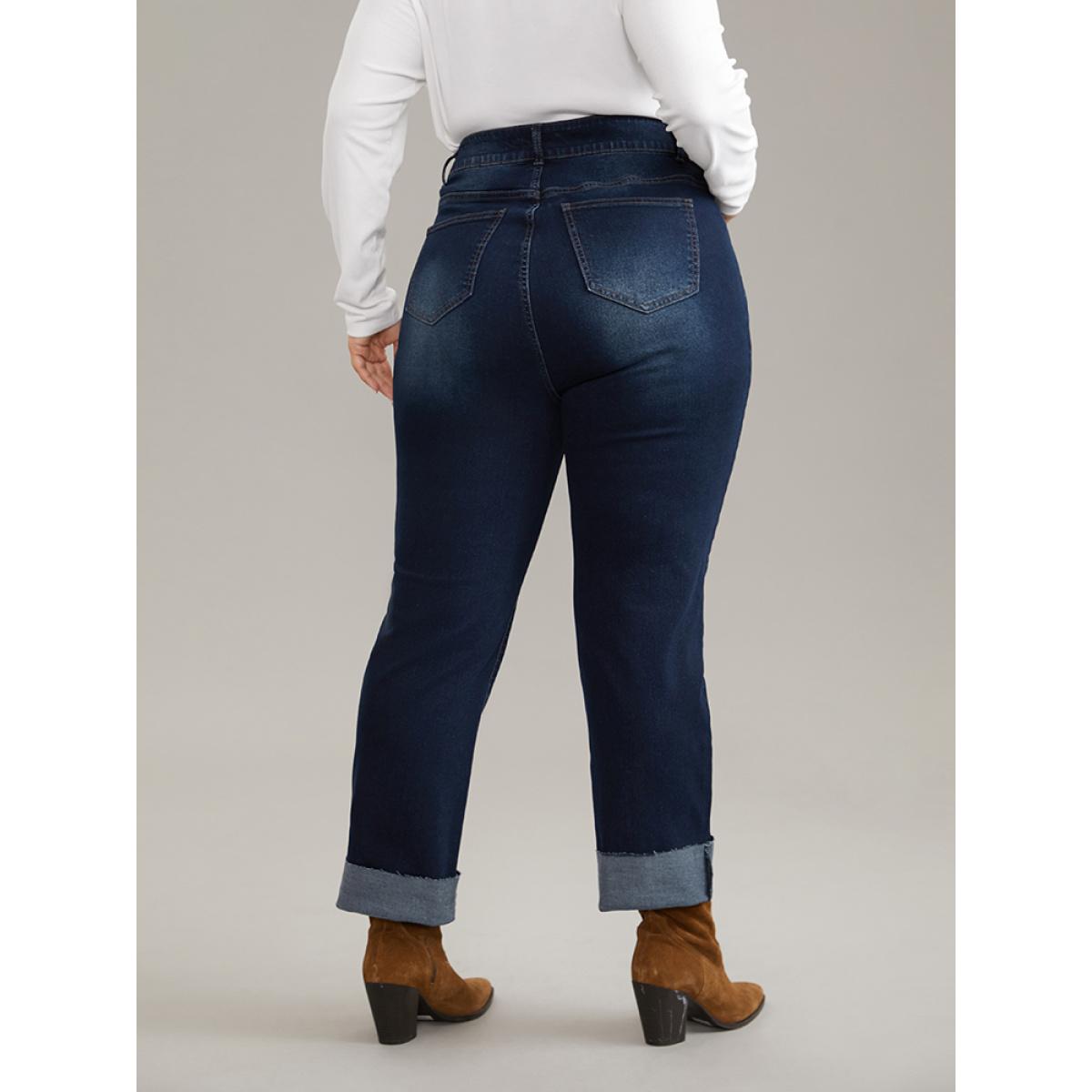 Plus Size Solid Roll Hem Very Stretchy Straight Leg Jeans Women Indigo Casual Plain Plain High stretch Pocket Jeans BloomChic 12/L Product Image
