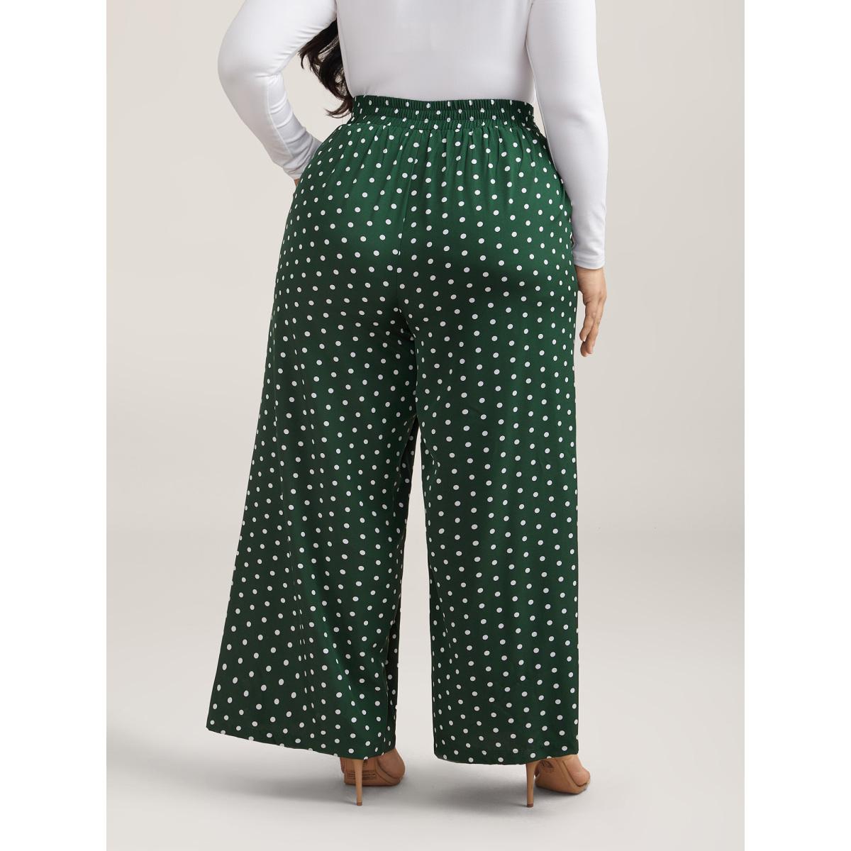 Plus Size Polka Dots Tied Wide Leg Pants Women DarkGreen Elegant Wide Leg Mid Rise Everyday Pants BloomChic 18-20/2X Product Image