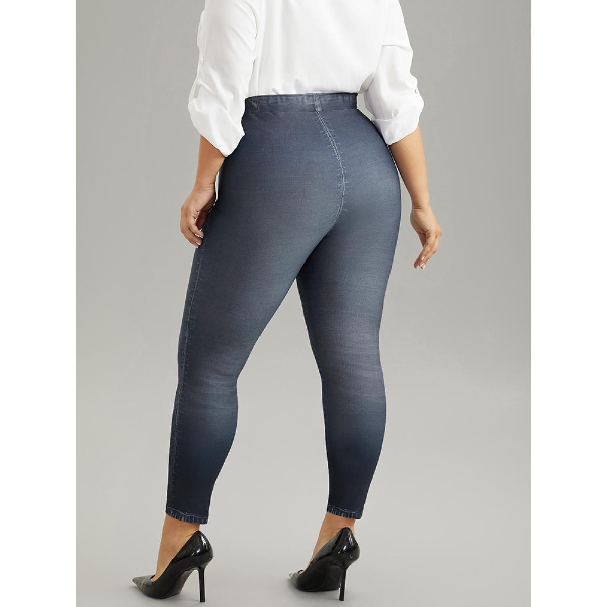 Plus Size Denim Effect Print Pocket High Rise Leggings Women Indigo Casual High stretch Skinny High Rise Dailywear Leggings BloomChic 10/M Product Image