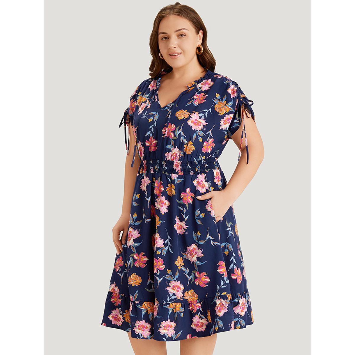 Plus Size Floral Knot Neck Drawstring Dolman Sleeve Shirred Dress Navy Women Elegant Frill Trim V-neck Short sleeve Curvy Midi Dress BloomChic 30/6X Product Image