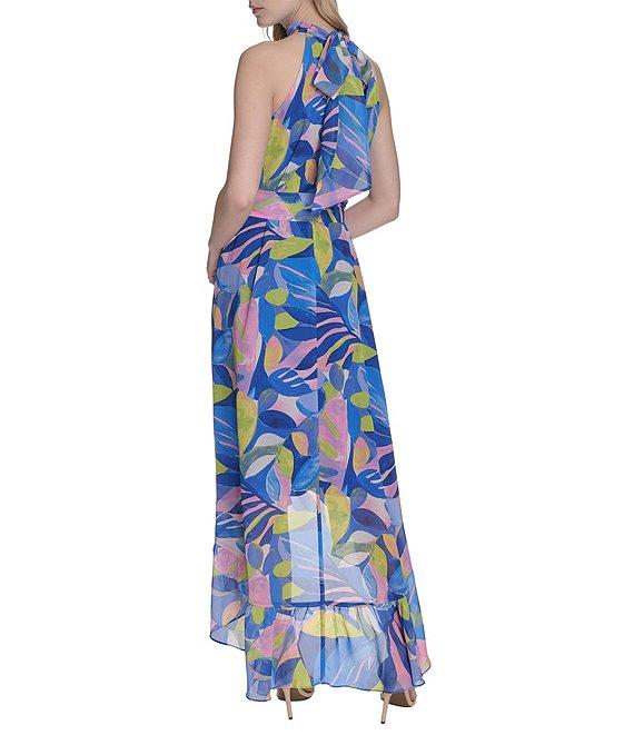 Eliza J Chiffon Floral Print Halter Neck Sleeveless Waist Tie Blouson Midi Dress Product Image