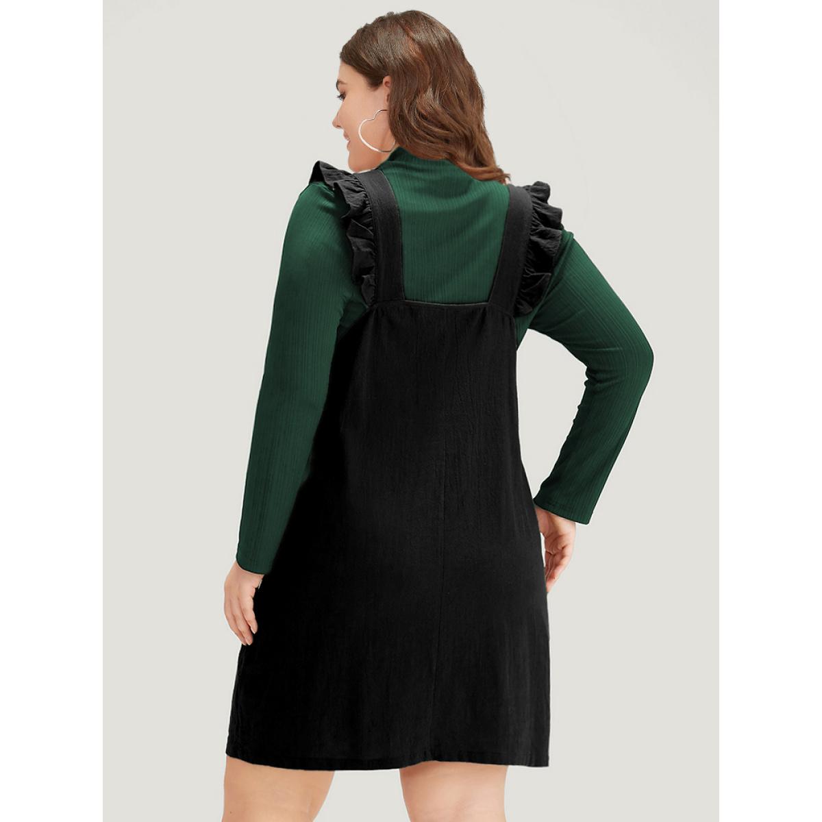 Plus Size Solid Square Neck Button Up Pocket Ruffle Trim Cami Dress Black Women Casual Plain Spaghetti Strap Sleeveless Curvy Knee Dress BloomChic 12/L Product Image