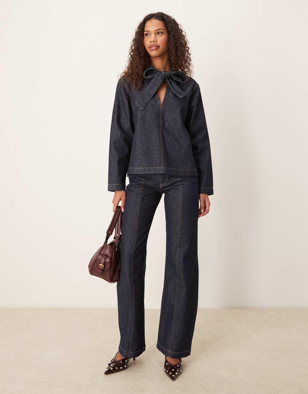 ASOS DESIGN v neck denim top with bow tie neck Product Image