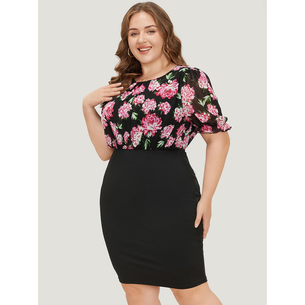 Plus Size Floral Patchwork Mesh Puff Sleeve Bodycon Dress Black Women Elegant Gathered Round Neck Short sleeve Curvy Knee Dress BloomChic 26/4X Product Image