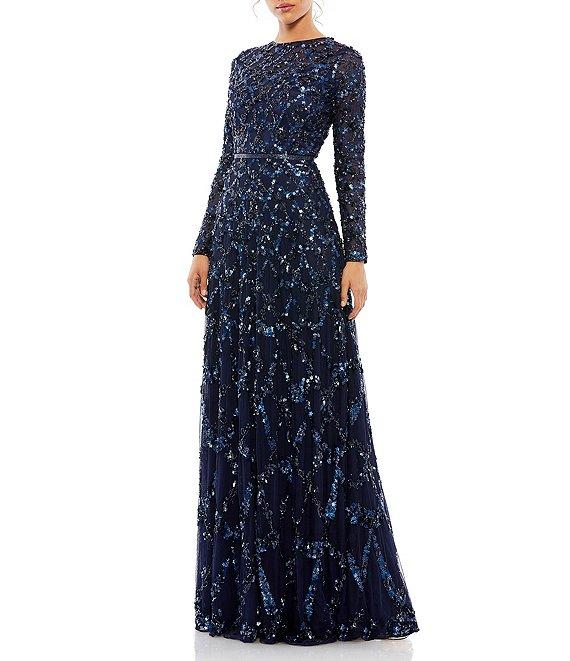 Mac Duggal Round Neck Embellished Mesh Illusion Long Sleeve A-line Gown Product Image