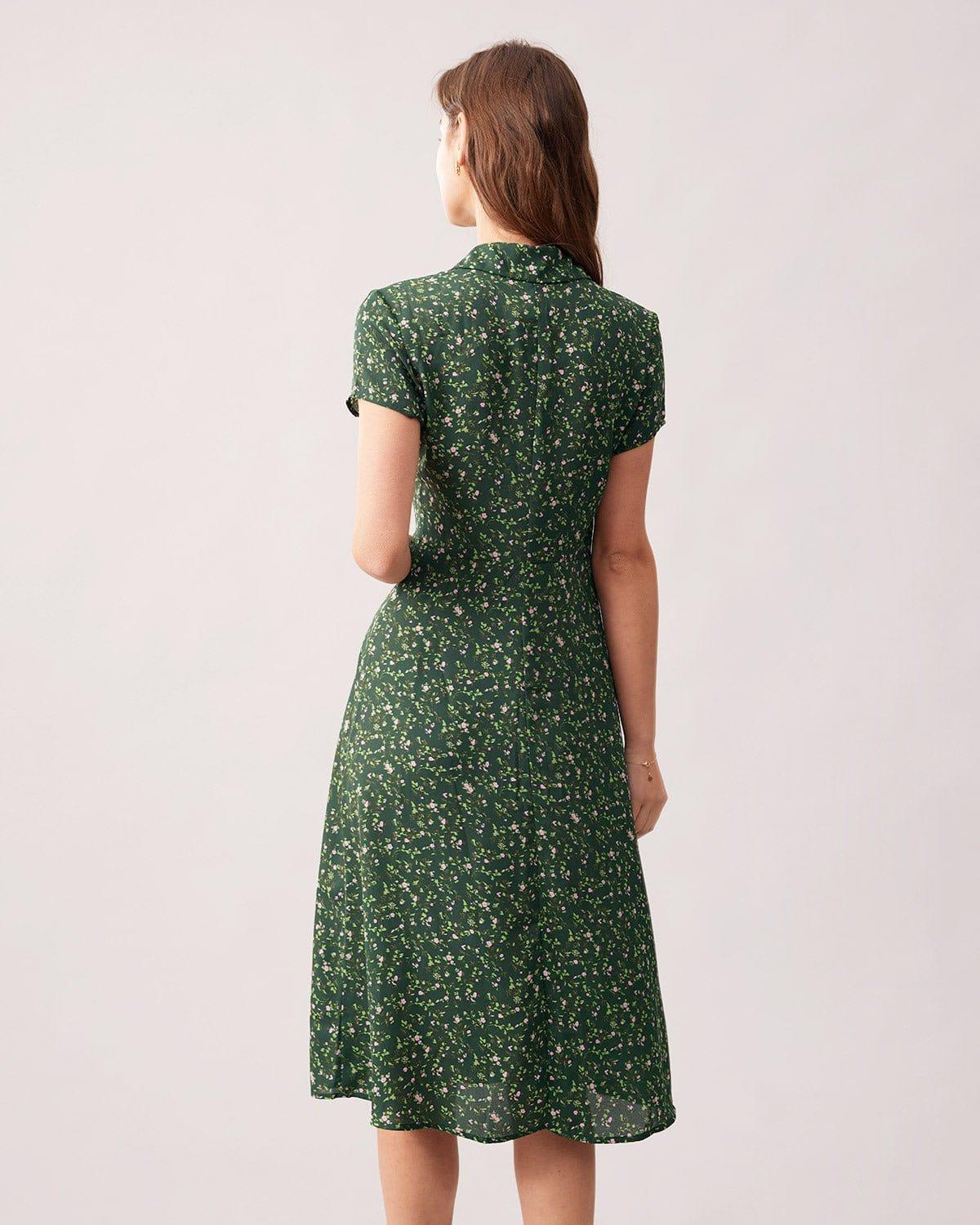 The Green Lapel Button Up Floral Midi Dress Female Product Image