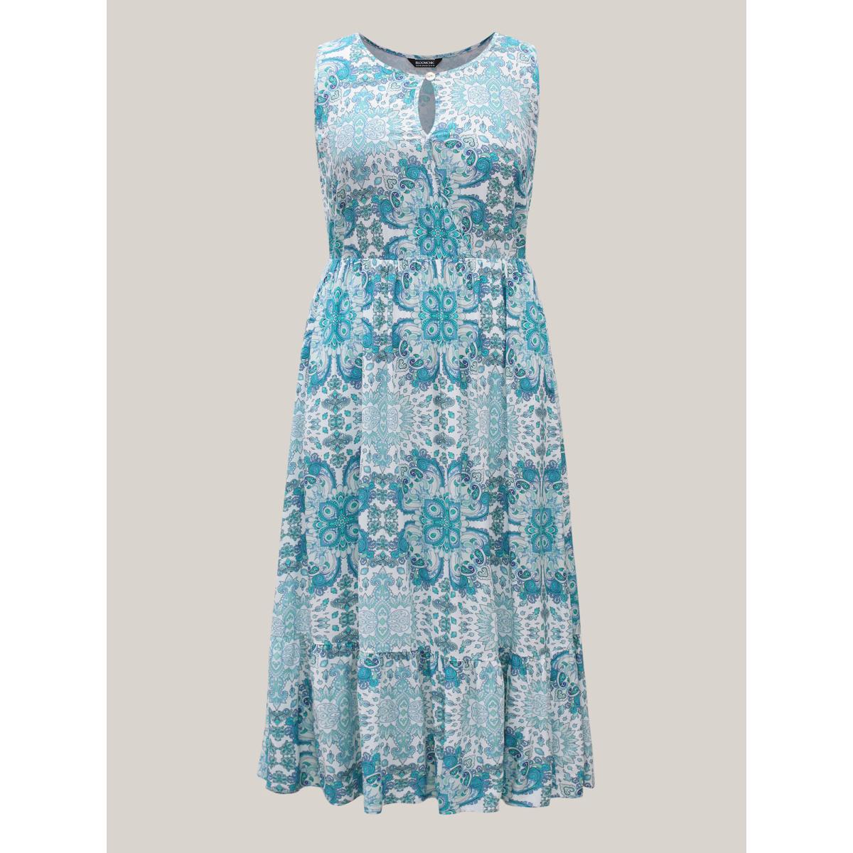 Plus Size Rayon Paisley Print Layered Midi Dress Arctic Women Boho Round Neck Sleeveless Curvy BloomChic 12/L Product Image