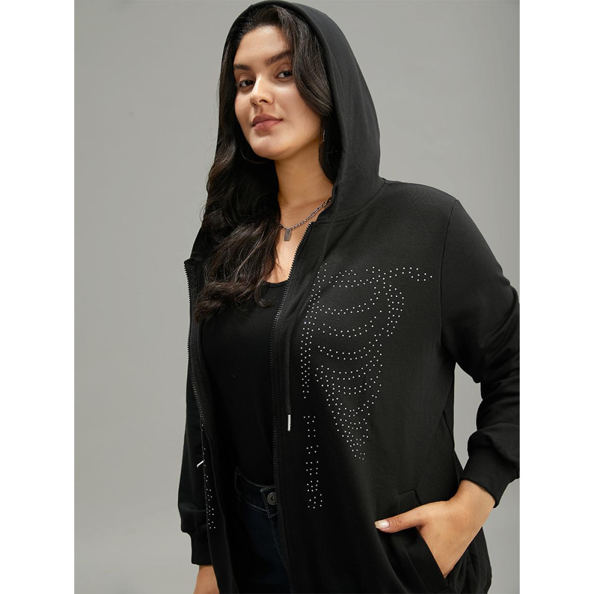 Plus Size Halloween Print Rhinestone Drawstring Hooded Zipper Sweatshirt Women Black Casual Rhinestone detailing Hooded Festival-Halloween Sweatshirts BloomChic 12/L Product Image