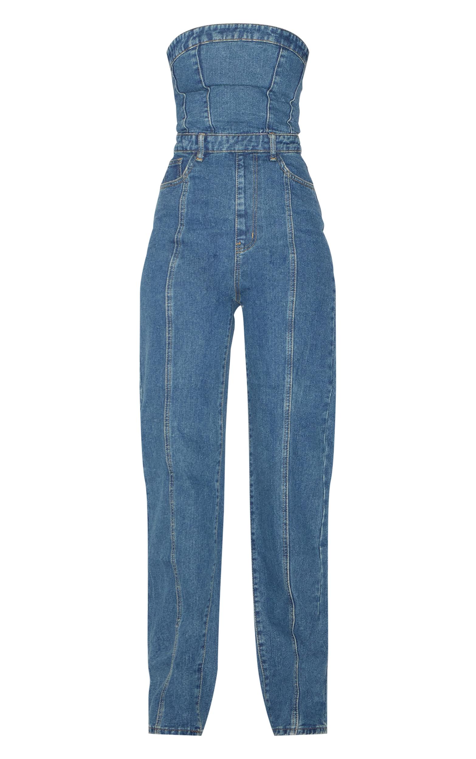 Tall Indigo Vintage Wash Bandeau Style Straight Leg Denim Jumpsuit Product Image
