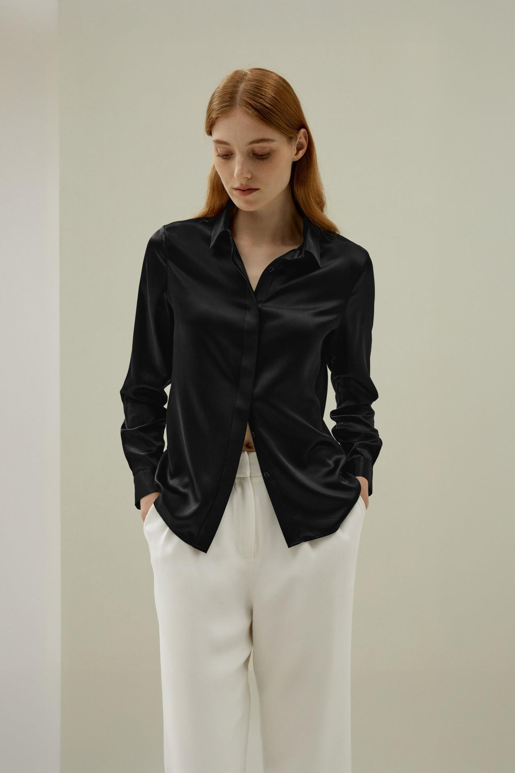 LILYSILK Silk Shirt Women - Dark Gray Mulberry Silk - Non-Toxic Dyes Concealed Mother-Of-Pearl Buttons Blouse Petite M Product Image