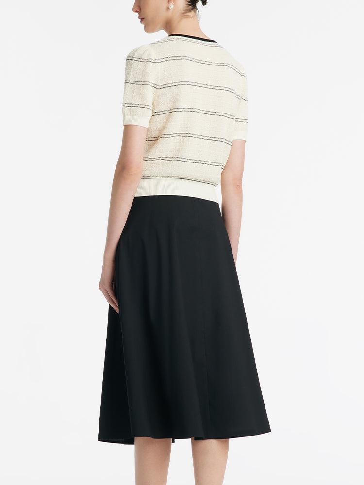 Contrast Trim Striped Knit Top And Half Skirt Two-Piece Set Product Image