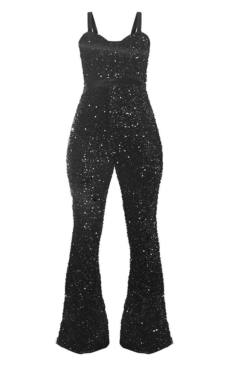 Black Sequin Velvet Waistband Strappy Jumpsuit Product Image