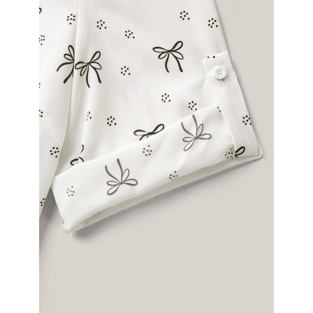 Plus Size Originalwhite Bow Fun Print Notched Collar Shirt Women Elbow-length sleeve Notched collar Work Blouses BloomChic 18-20/2X Product Image