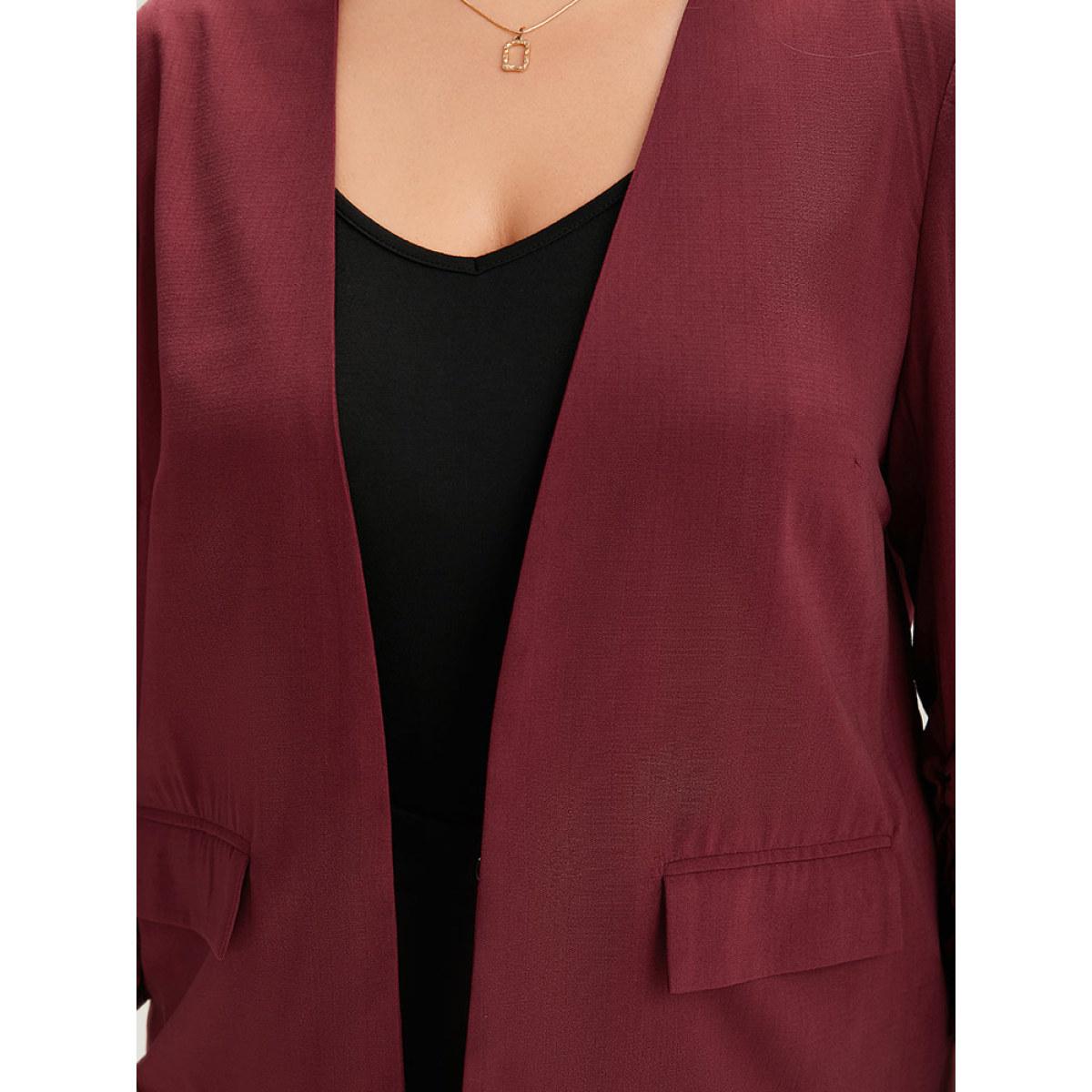 Plus Size Plain Pocket Open Front Gathered Blazer Scarlet Women Office Plain Elastic cuffs Sleeve Long Sleeve Open Front 28/5X Pocket Office Blazers BloomChic Product Image